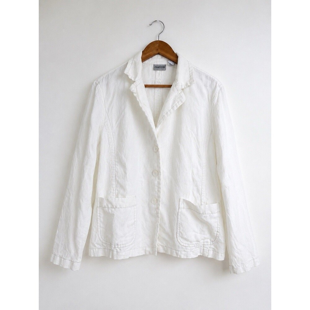 Chico’s White 100% Linen Button Front Blazer Jacket Casual Size 2 Medium